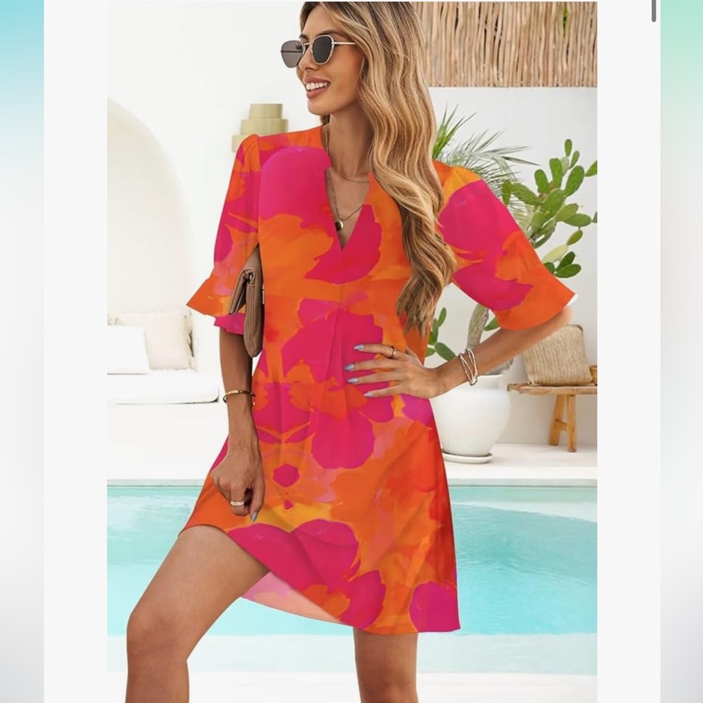 NWT Large Shift V Neck Short Sleeves Solid Color Casual Flowy Christmas Dress